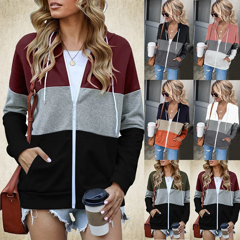 2022 Autumn and Winter European and American Long Sleeve Contrast Color Hooded Sweatshirt Women's Zipper Pocket Cardigan Jacket