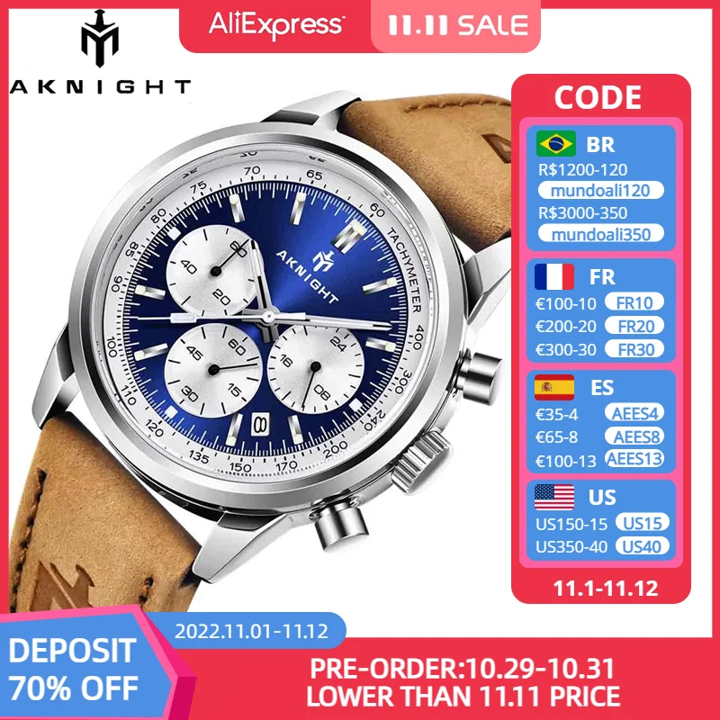 Цена Часы наручные AKNIGHT мужские Кварцевые водонепроницаемые, спортивные военные с хронографом, с ремешком из натуральной кожи