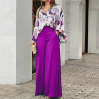 2 pieces set women top and pants 2022 casual beach outfits button long sleeve print blouse and wide leg pants loose women sets