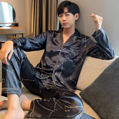 Men Comfortable Pyjamas Set 3XL 4XL 5XL Long Sleeve Casual Home Wear Spring Autumn Silk Boy Pajama Sets Leisure Sleepwear Set