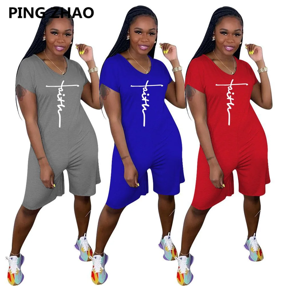 

PING ZHAO Women's Letter Print Loose Playsuit Rompers for Women V-neck Short Sleeve Knee Jumpsuit
