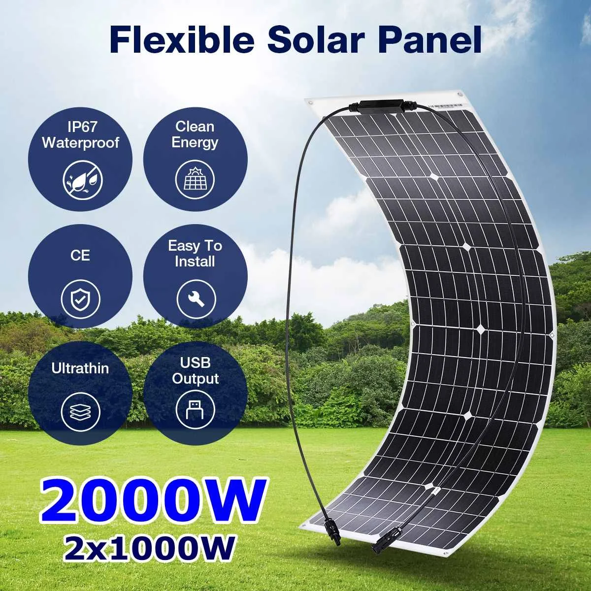 2000 Вт 1000 Вт Гибкая солнечная панель 18 в ETFE DIY кабель водонепроницаемый уличный Автомобиль RV перезаряжаемая система питания для автомобиля RY