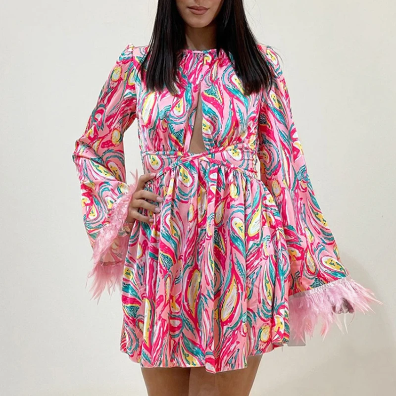 

платье женское летнее2022 платье женское Женское мини-платье с принтом перьев и манжетами, Летние повседневные Подиумные ажурные привлекате...