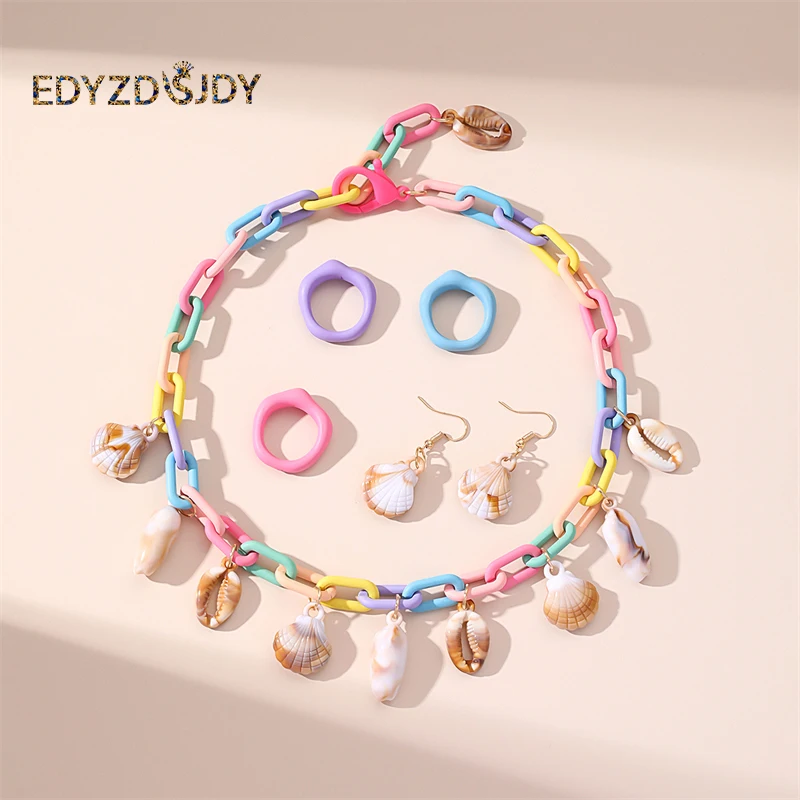 New Arrival Women Seashells Drop Earring Handmade The Chain Necklace Candy Colors Ring Set Girl Party Birthday Jewelry Gift