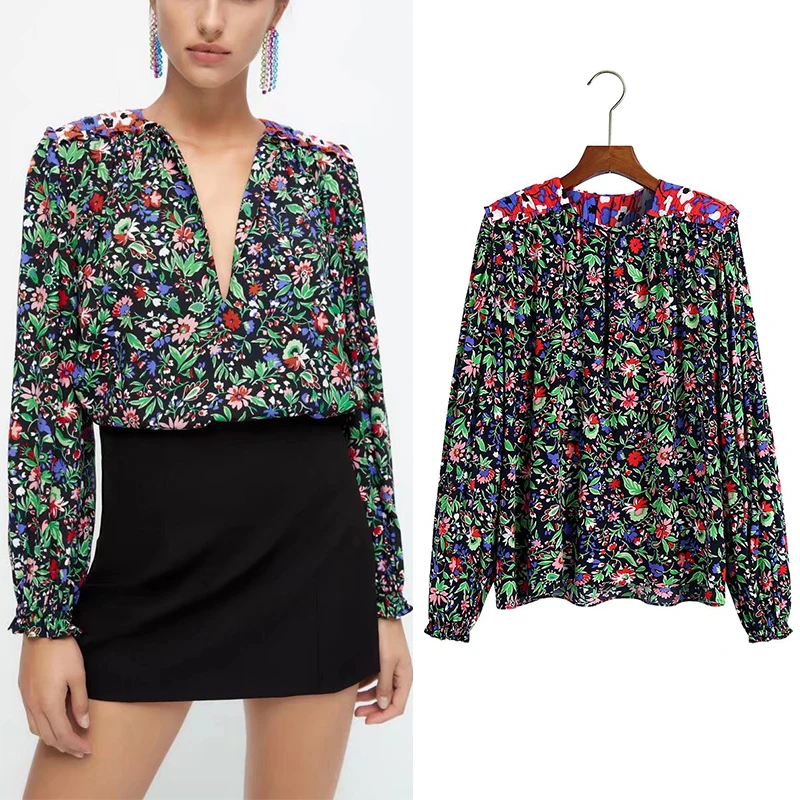

Женская блузка с цветочным принтом и глубоким V-образным вырезом, с наплечниками, весна-лето 2022, Pachwork, Повседневная рубашка с расклешенным дл...