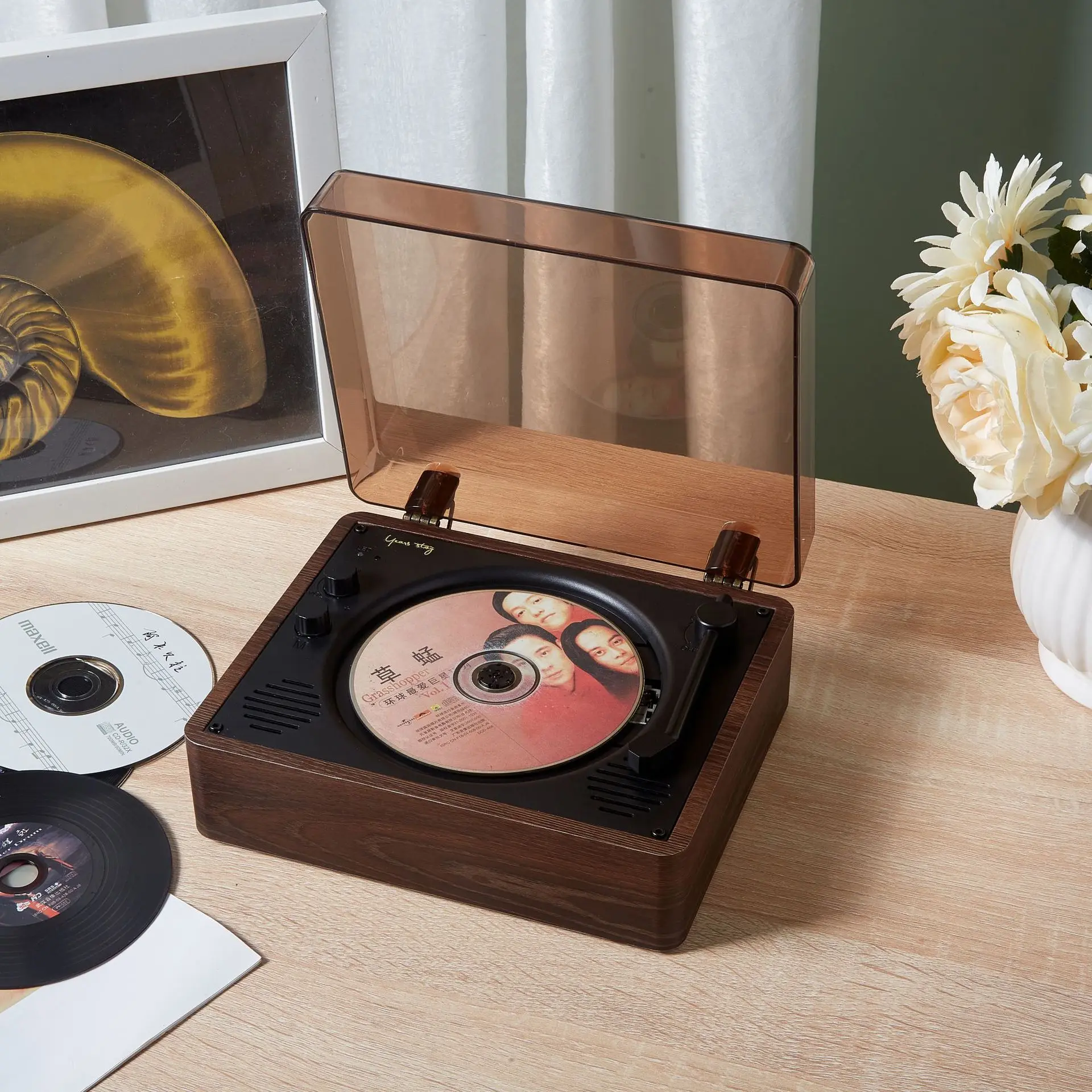 CD Record Player, Retro Mini Birthday Party Player Portable Bluetooth Speaker with Black Vinyl Sound and Built-in CD Player