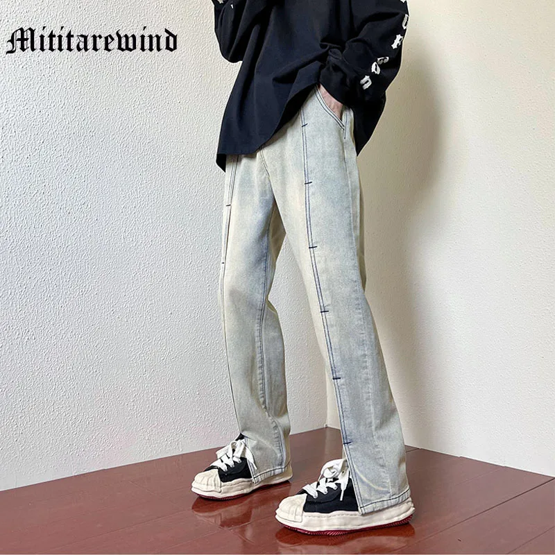 

Retro High Street Men Jeans Spliced Straight Slit Wash Pants Hip Hop Y2k Autumn Casual Full Lenght Zipper Fashion Trousers