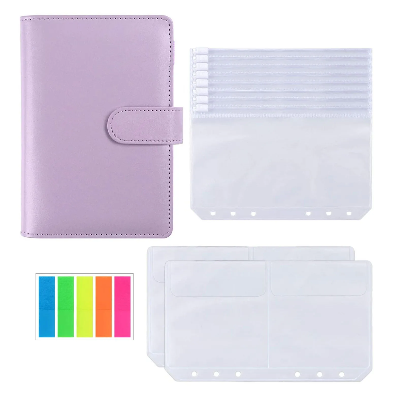 

14 Pcs A6 PU Leather Binder Cover with Binder Zipper Pockets,Bill Bag, Adhesive Index Tabs, Envelopes for Cash Budget System