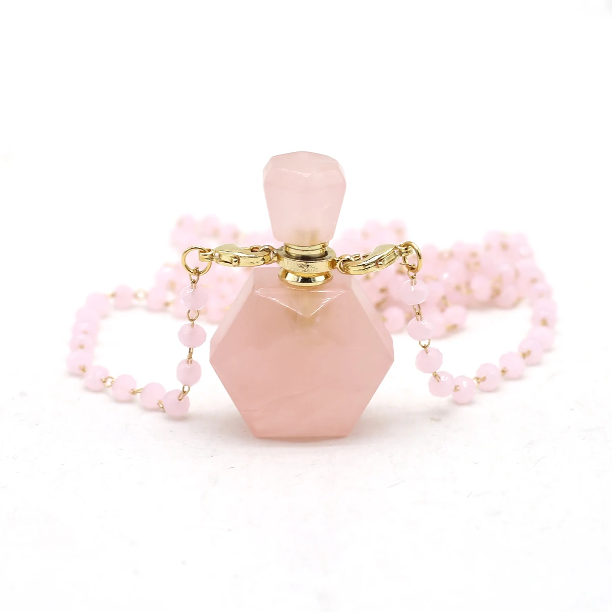 

Natural Stone Rose Quartz Perfume Bottle Pendant Necklace Essential Oil Diffuser Pink Crystal Chain Necklaces for Women Jewelry