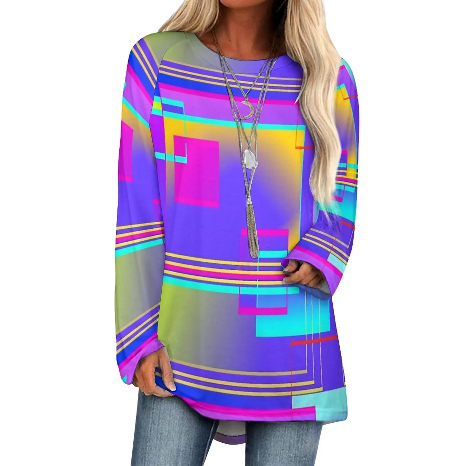 

Vibrant Colorblock T Shirt Geo Print Funny Long Sleeve T-Shirts Street Fashion Oversized Tees Design Clothing Birthday Present