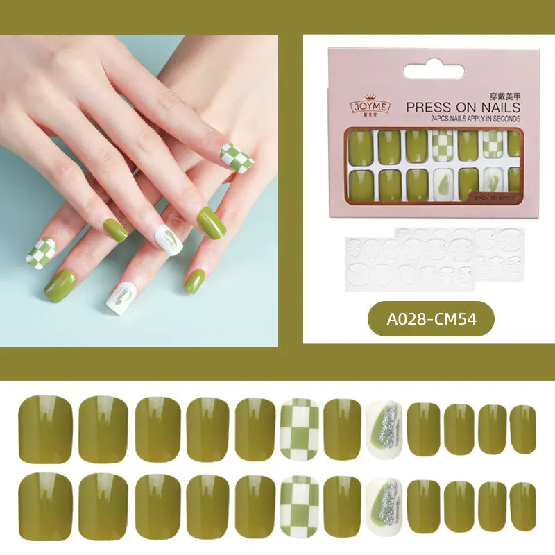

Free Delivery 24 PCS/set Mustard Green Girl Fingernail Tip Detachable French Lattice Pasted on The Nails Coffin Fake Nails Art