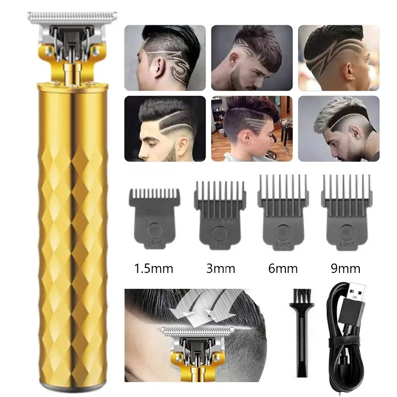 Kemei T9 Gold Hair Clipper Professional Electric Barber Zero Gapped Hair Trimmer 0mm Hair Cutting Machine Men USB Rechargeable