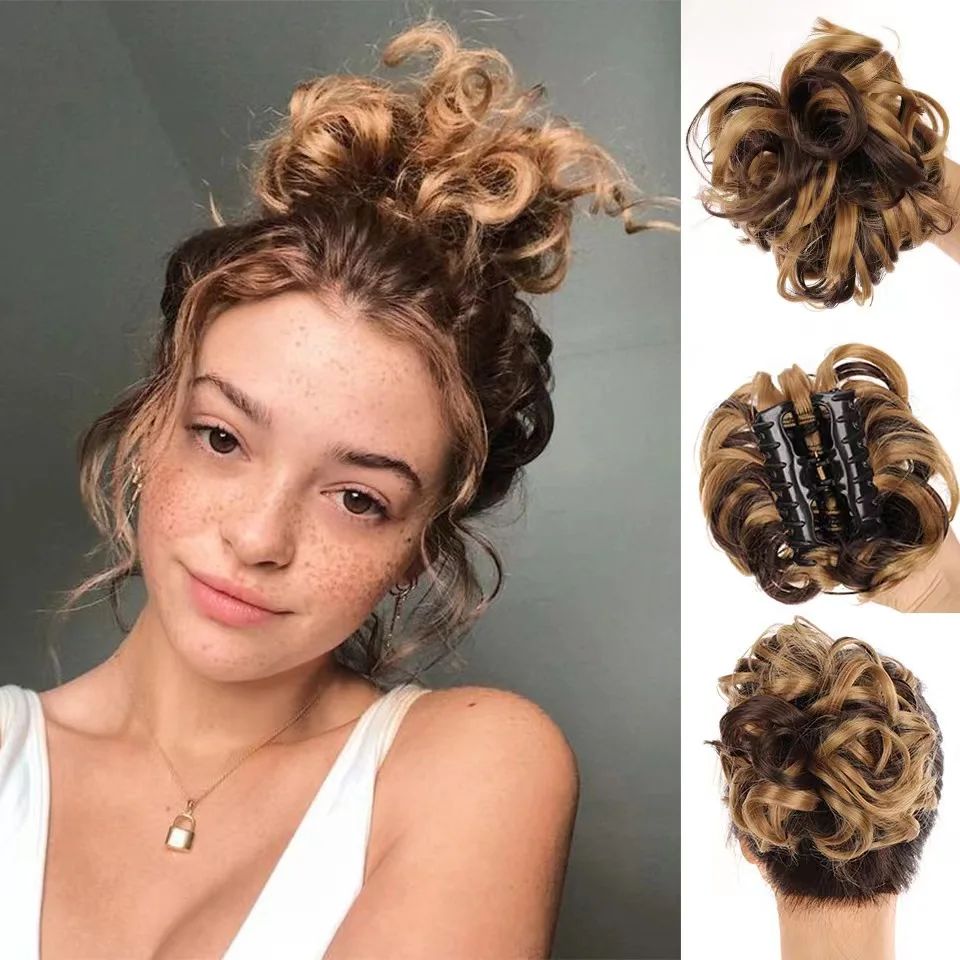 Short Afro Hair Bun Synthetic Curly Chignon Clip In Ponytail Hair Extension High Temperature Fiber Hairpiece Hair Bun For Men