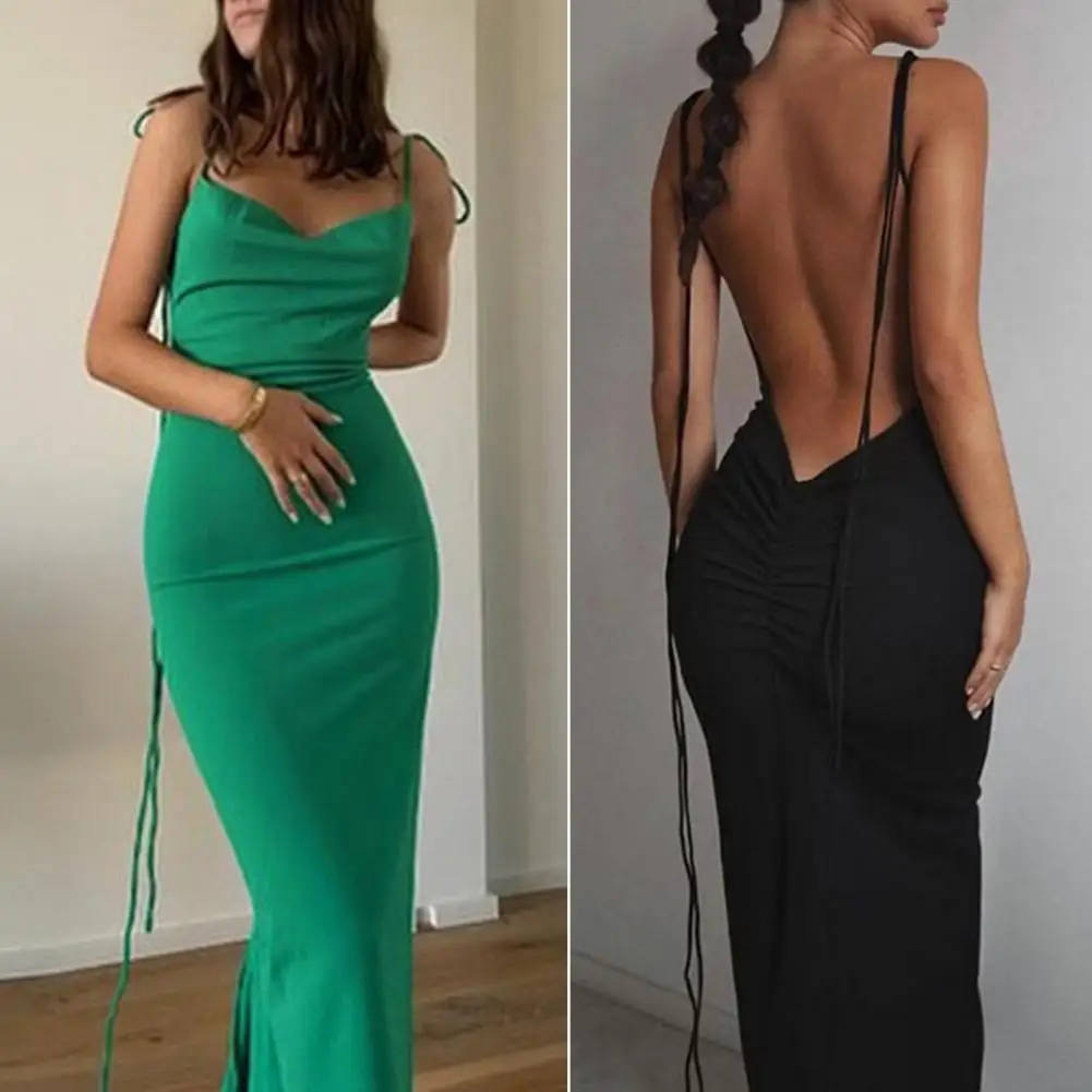 

Summer Beach Maxi Long Dresses Adjustable Spaghetti Straps Low Collar Sexy Backless Ruched Hip Wrap Bodycon Dress Club Wear