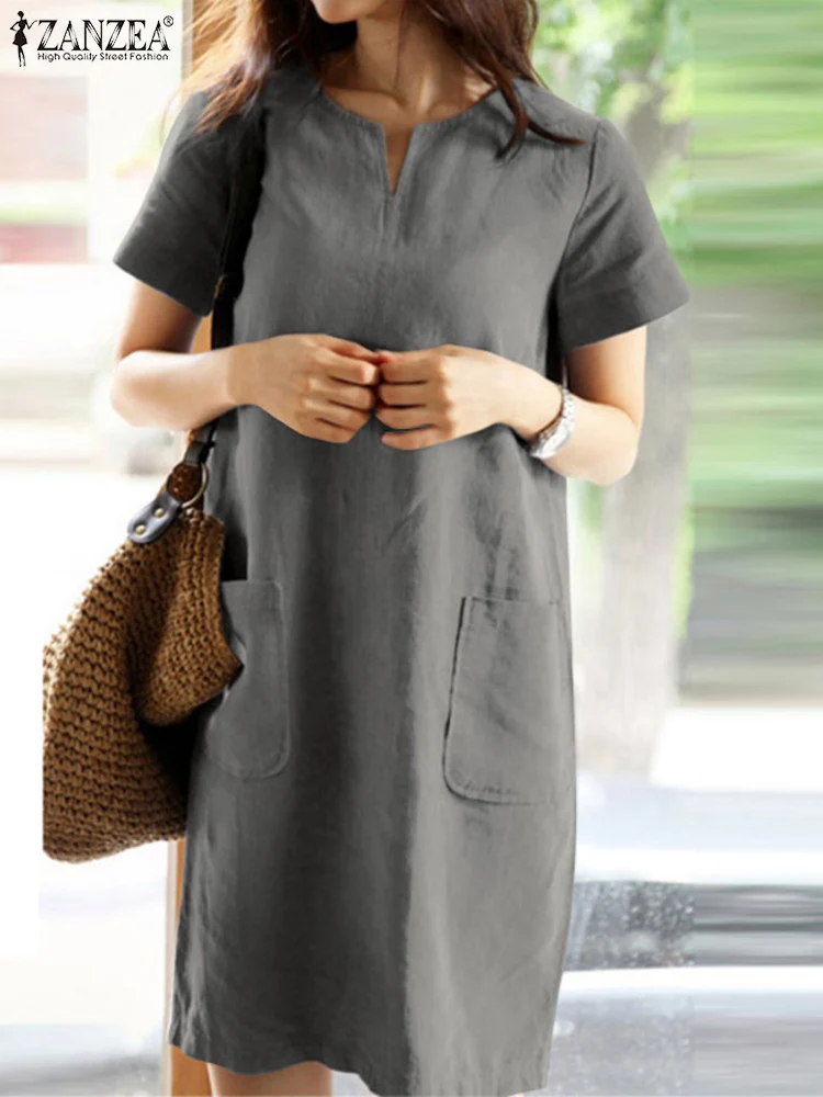 

ZANZEA Oversize Summer Dress Vintage Short Sleeve Women Casual Loose Knee-length Sundress Solid Cotton Party Beach Vestido Robe