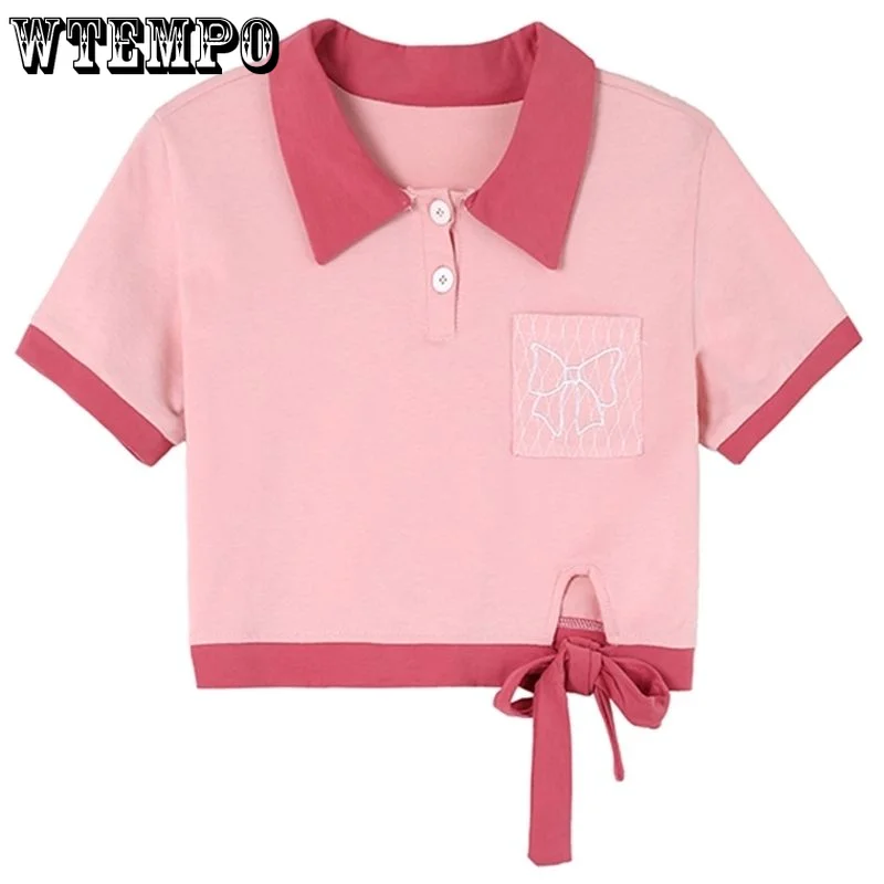 

Pink Polo Neck Embroidered T-shirt Sweet Spicy Girl Short Top Slim Patchwork Sexy High Waisted Navel Exposed Fashion Y2K Summer