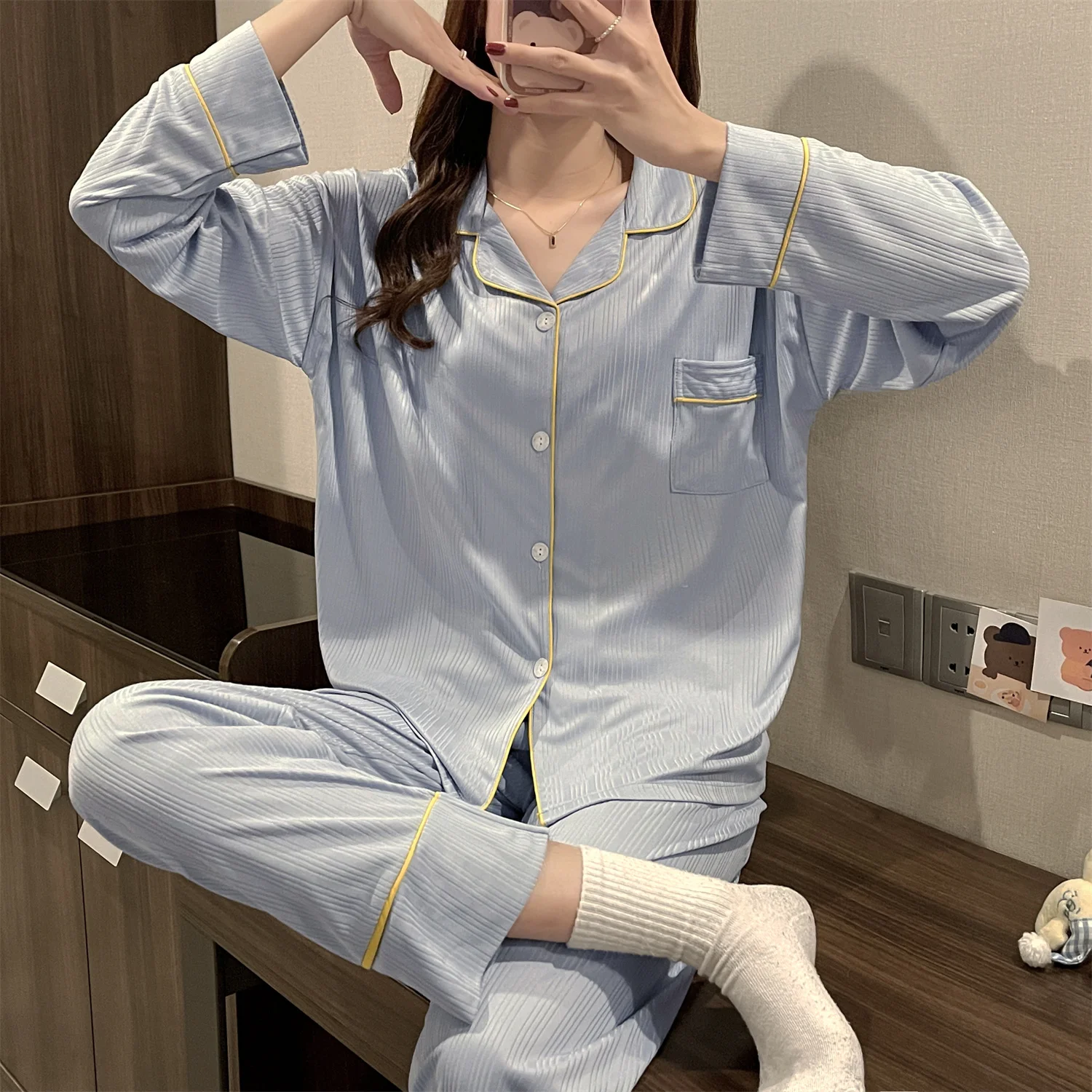 CAIYIER Pajamas For Women Solid Color Long Sleeve Trousers Nightwear Two Piece Set Sprint Winter Female Home Wear Loungewear