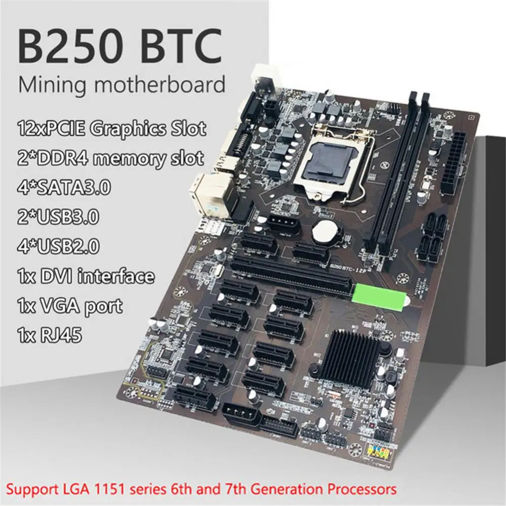 Enlarge B250 Mining Motherboard PCIe X1 PCI-E X16 LGA 1151 DDR4 SATA mSATA USB 3.0 VGA DVI-I for 12 Graphics Card Bitcoin BTC ETH Miner