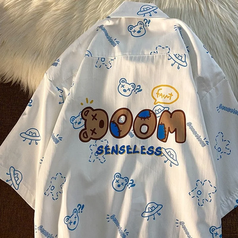 

Streetwear Hip Hop Letter Bear Graphic Button Up Shirt Unisex Summer Short Sleeve Jacket Coats Blouses Men Womens Tops Harajuku