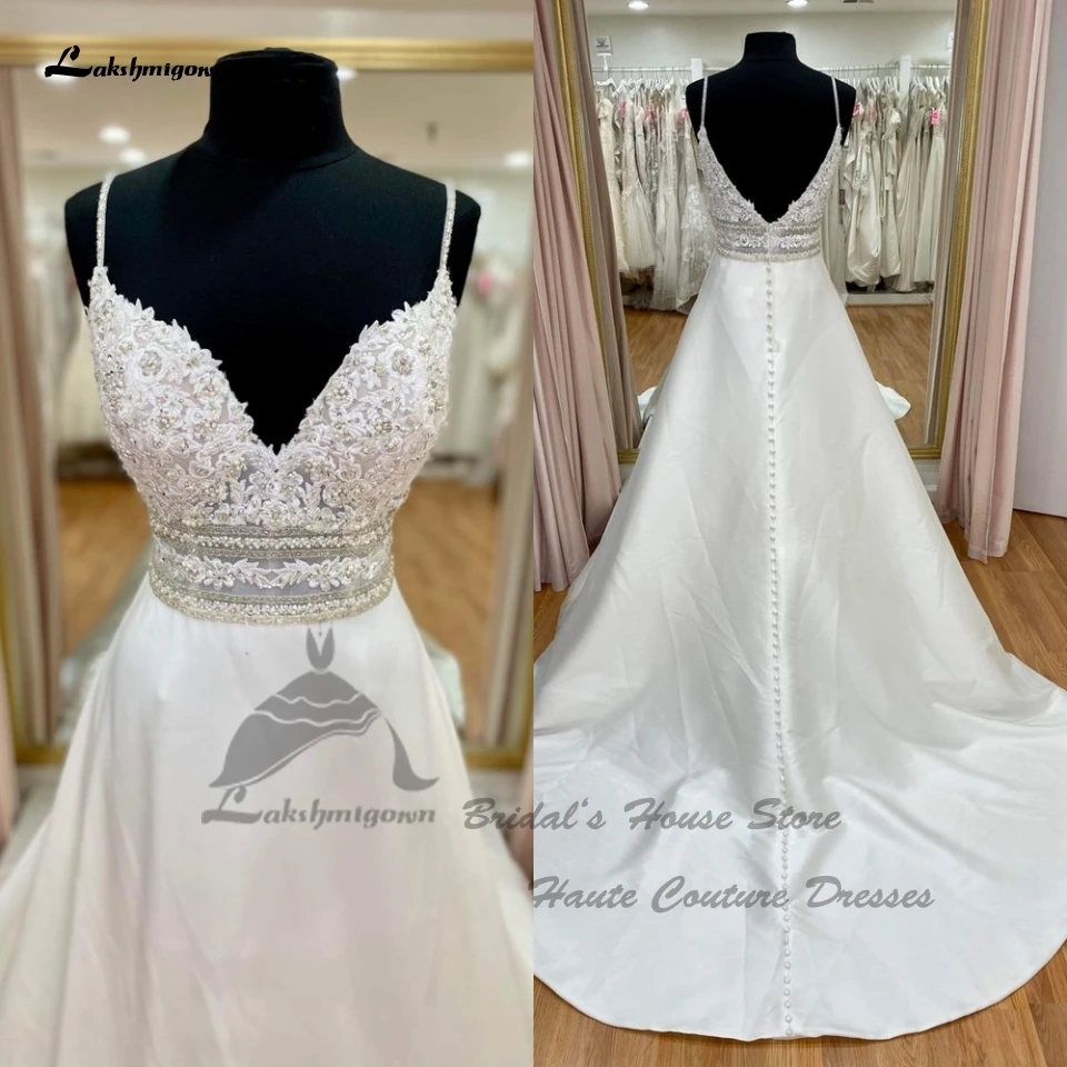 

Lakshmigown Luxury Bridal Satin A Line Wedding Dress Beaded Lace Appliques 2023 Robe Mariee Boheme Civil Boho Wedding Gowns