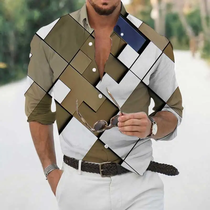 Spring and Autumn New Geometric Print Shirts Men's Fashion Lapel Button Shirts Casual Long Sleeve Cardigan Streetwear