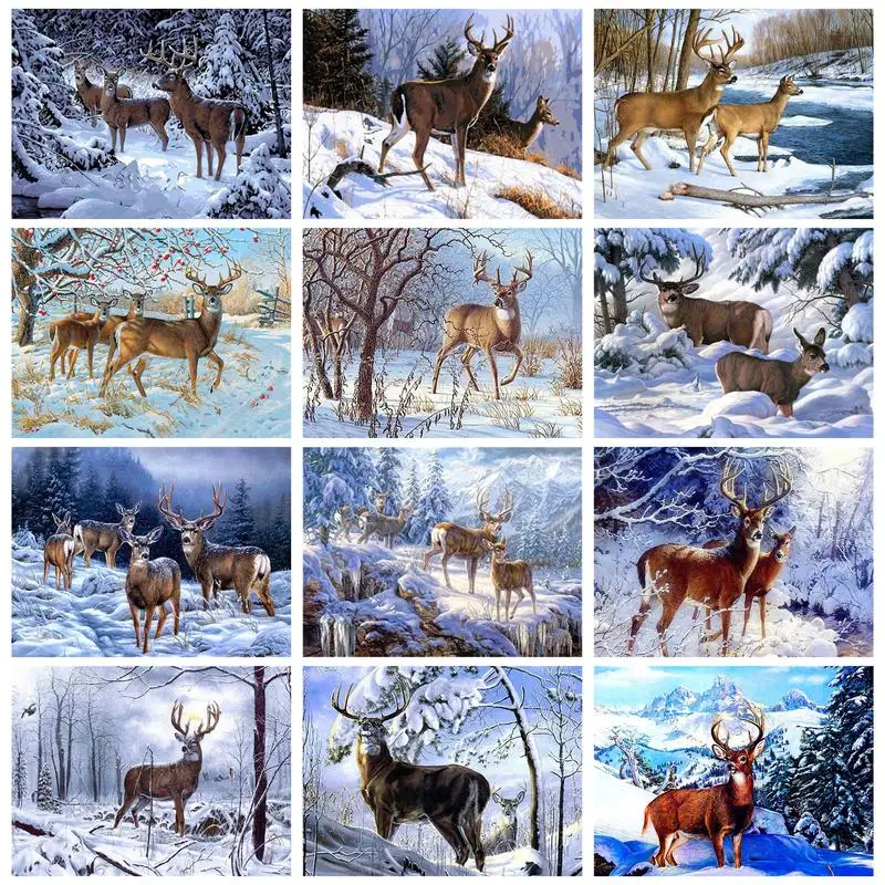 

RUOPOTY Oil Painting By Numbers Elks Picture Coloring On Numbers For Adults Deer In Snow Home Decors Paint Kit Handicrafts Gift