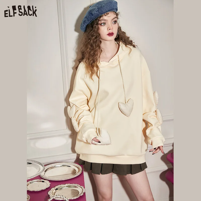 ELFSACK White Hooded Hoodies Women 2023 Spring Warm Loose Long Sleeve Tops