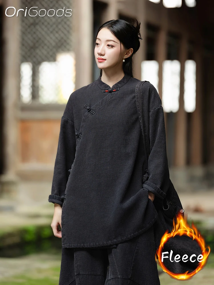 OriGoods флисовая рубашка женская рами хлопок китайская традиционная одежда длинное