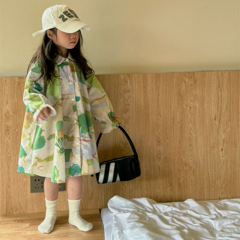 

HoneyCherry Girl's Spring Oil Painting Dress Girl Vintage Shirt Dress Flower Girl Dresses