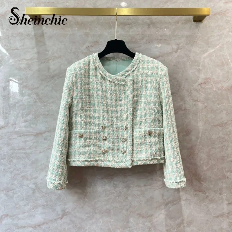 

Luxury Designer High Quality Tweed Jaccket Women Elegant O-neck Double Breasted Short Wool & Blends Coats Green Plaid Chaquetas