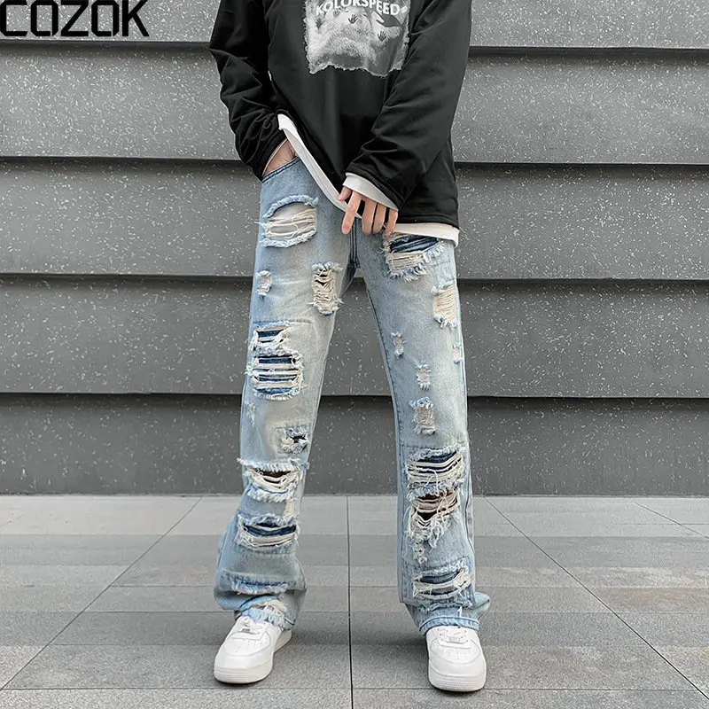 

Ripped Hole Retro Washed Mens Jeans Streetwear Distressed Casual Baggy Denim Trousers Harajuku Straight Vibe Style Loose Pants
