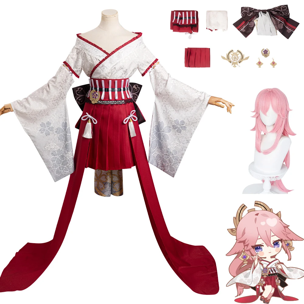 

Костюм для косплея Game Genshin Impact Yae Miko, кимоно с париками, наряды на Хэллоуин, карнавальный костюм для ролевых игр