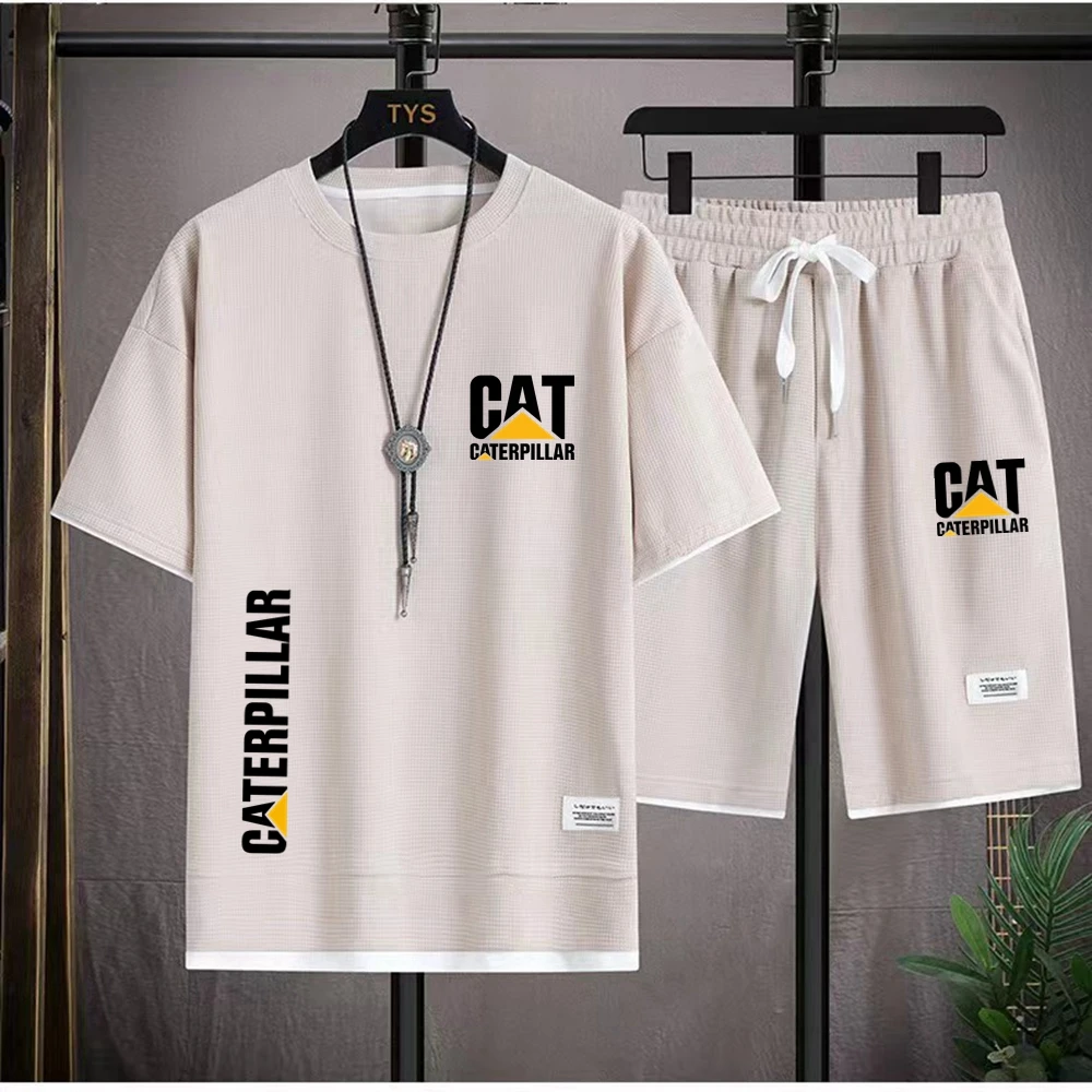 European Round Neck Short Sleeve+Shorts Two Piece Set CAT Letter Printing Summer Casual Men's T-shirt Waffle New Set Large Men's