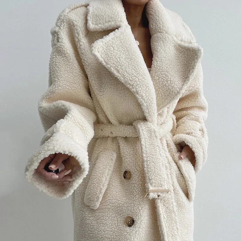 CNACNOO Faux Lamb Thicken Women Coat Elegant Office Lady Turndown Collar Overcoat 2022 Winter Warm Female Windbreaker