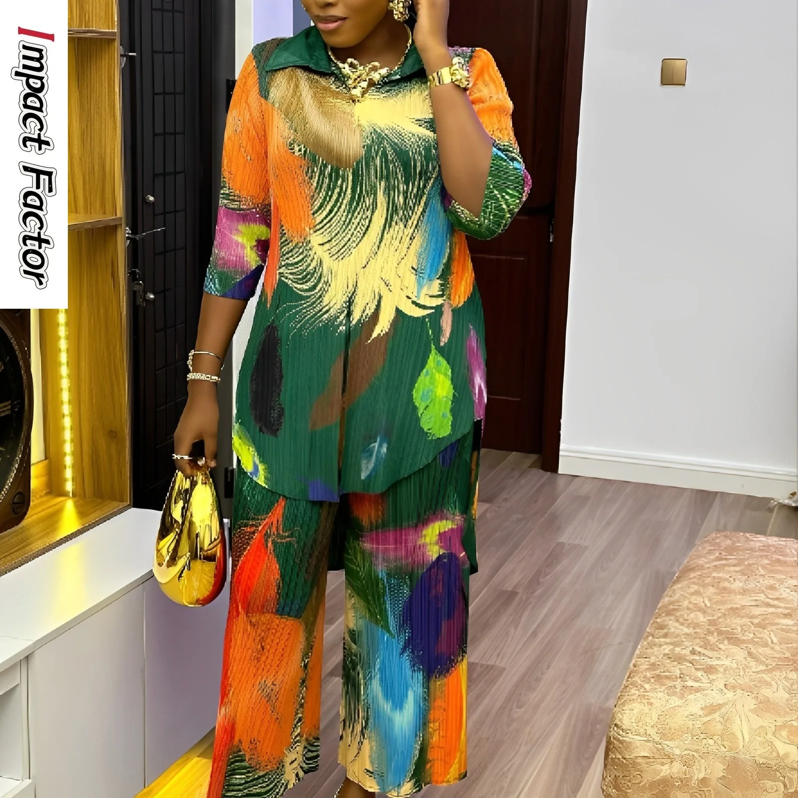 Плиссированный комплект с контрастным принтом и отворотом свободный топ