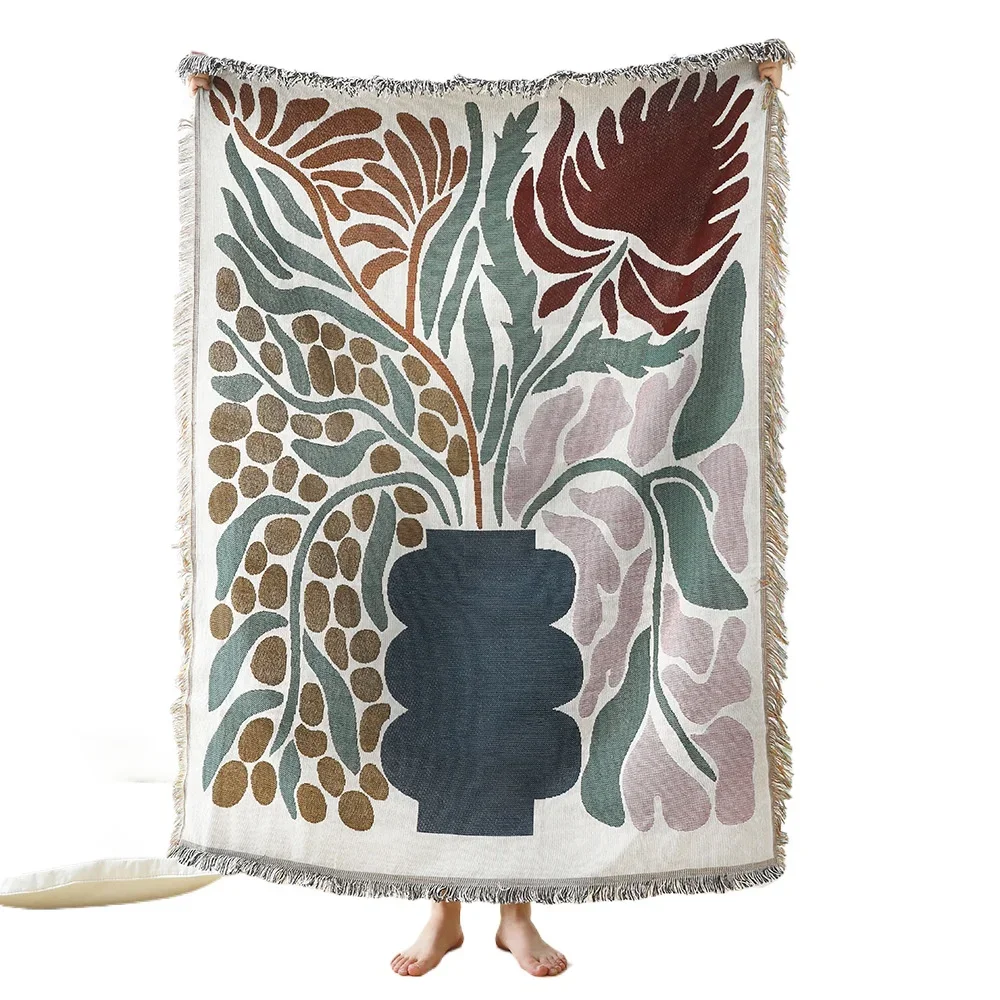 Домашнее декоративное одеяло с вазой и узором в стиле бохо двухстороннее для