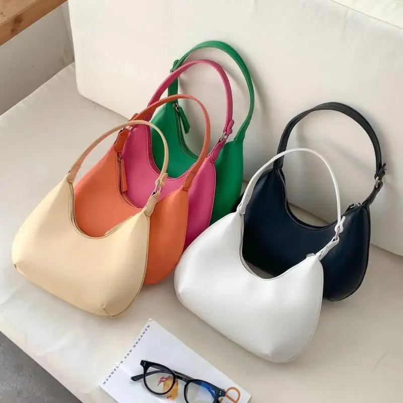 

2022 Summer Korean Version of The New Solid Color Underarm Crescent Bag Pu Versatile Women's Shoulder Bag Simple Zip Tote Bag