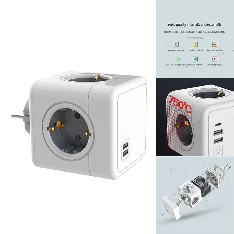 

European Smart Power Strip Plug Adaptor Surge Protect Power Square Extension Wall Socket, EU Plug