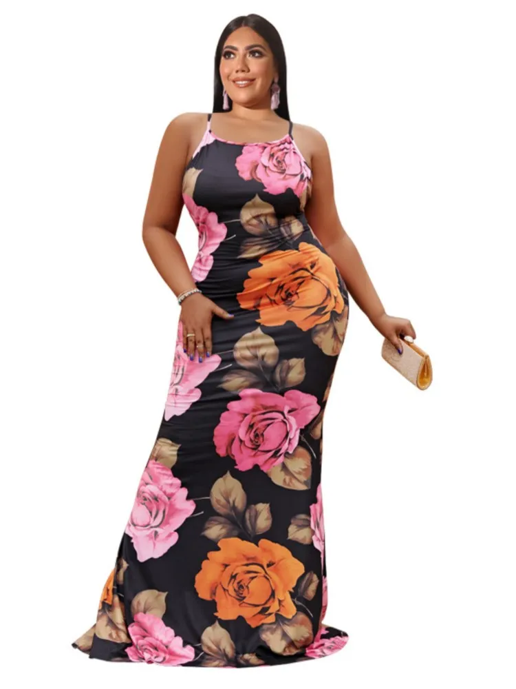 

5XL Plus Size Maxi Dress Women Spaghetti Strap Cross Backless Robe Summer Floral Print Elegant Sexy Oversize Party Dress Vestido