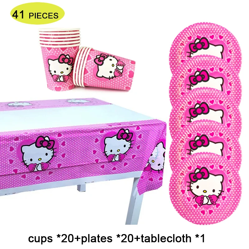 

41pc Cartoon Pink Cat Design 1st Girls Birthday Party Disposable Tablecloth Tableware Paper Cup Plate Party Supplies Baby Shower