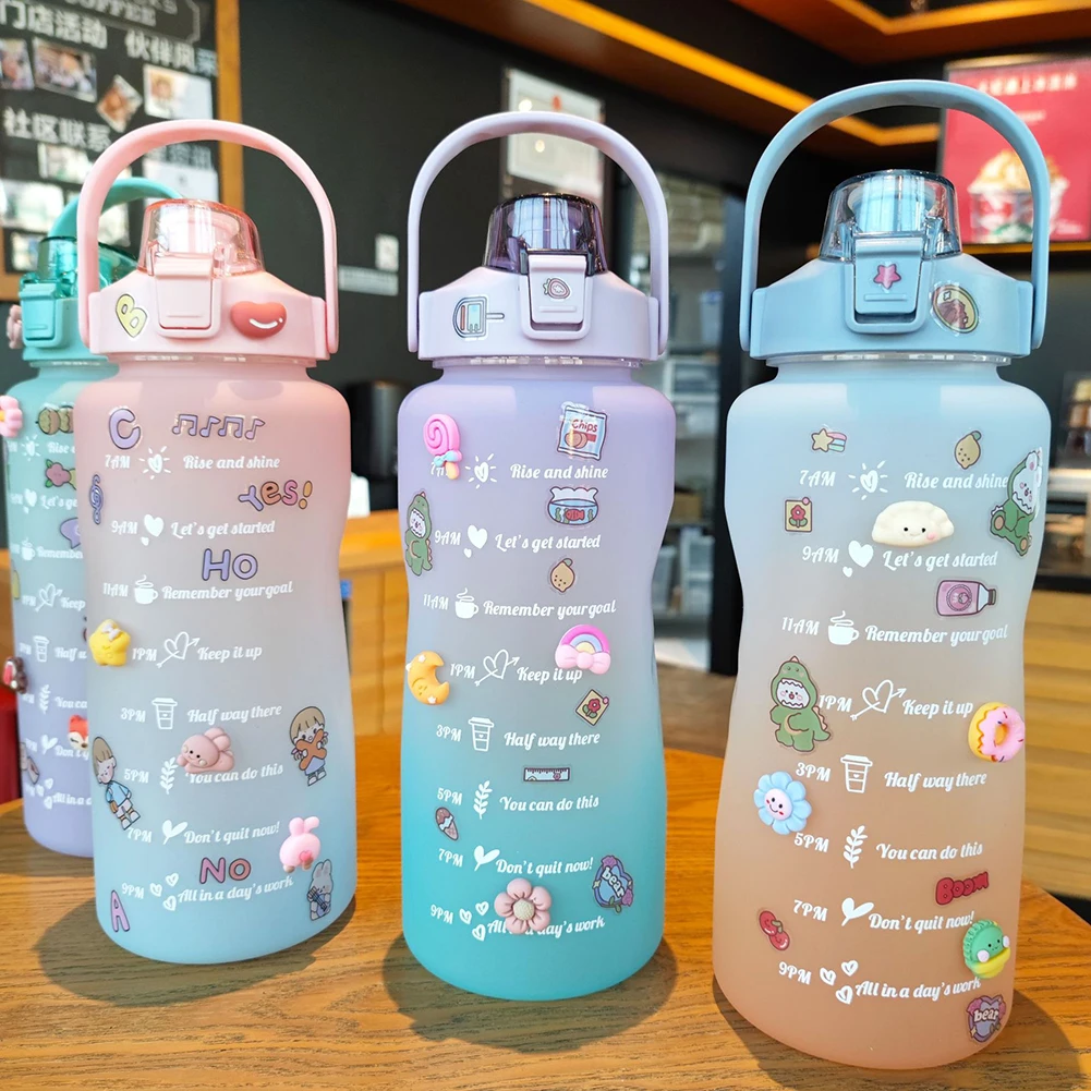 

2L Water Bottle Straw Cup Plastic Large Capacity Water Cup Time Scale Gradient Portable Outdoor Sports Leakproof Drinkware