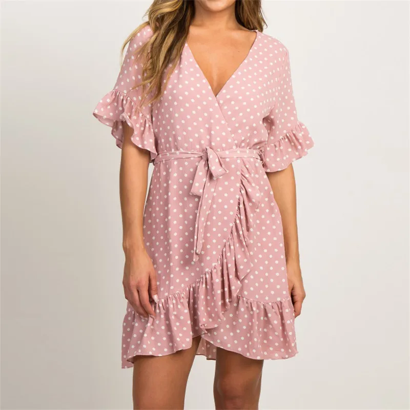 

STLLTS Sexy Dress Spring And Summer Spring Hot Sale V-neck Short-sleeved Polka-dot Lace-up Ladies Chiffon Sexy Woman Dress