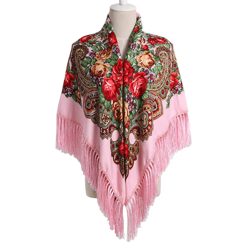 Russian Cloak Large Flower Printed Generous Scarf Women's Shawl Warm Autumn Winter multi-function Scarf  Ponchos Capes Pink