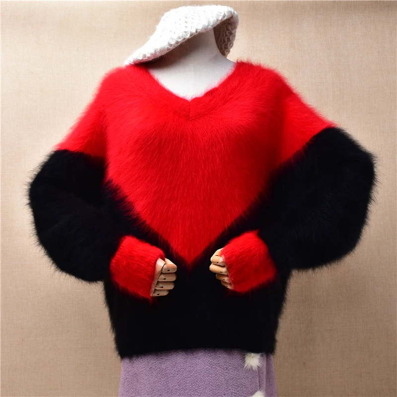 

Female Women Fall Winter Clothing Colored Hairy Plush Mink Cashmere Knitted V-Neck Long Batwing Sleeves Loose Pullover Sweater