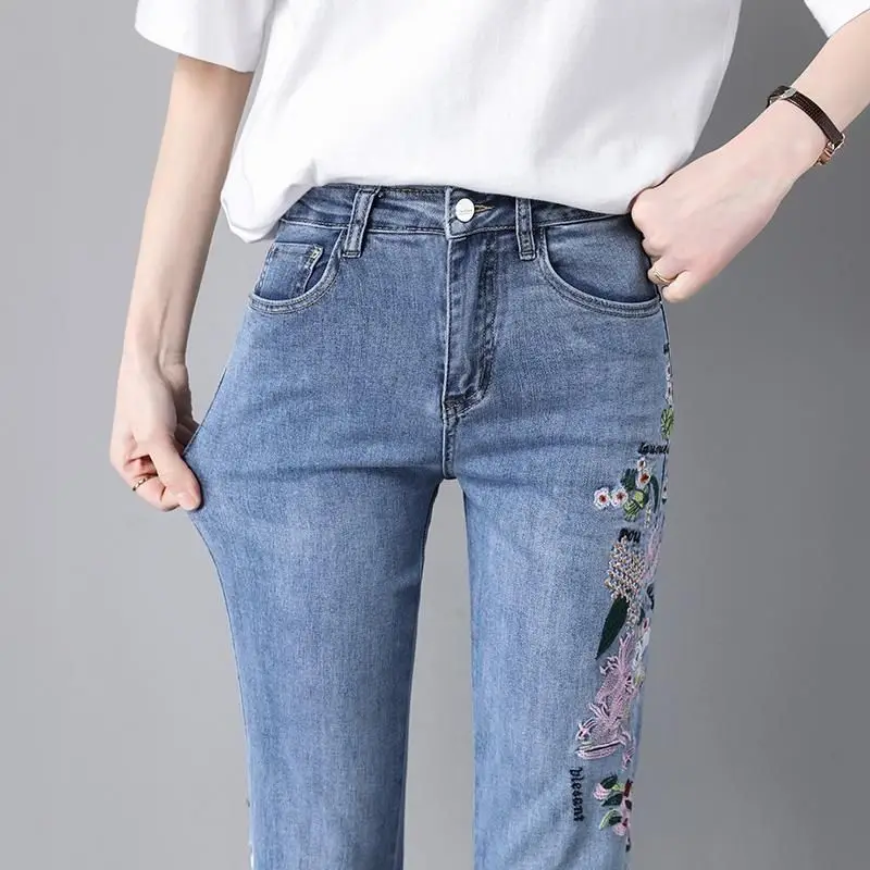 Straight Jeans Women's Summer Thin Section Loose High Waist Embroidered Ethnic Style with Flower Tide Straight Pants Trousers