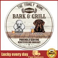 Backyard Barks and Grill Round Tin Sign Cyprus Poodle Metal Wall Art Neapolitan Mastiff Dog Breed Customized Family Name 12x12in