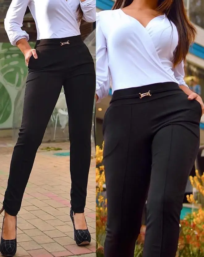 Women Pants 2023 Spring Fashion High Waist Pocket Design Elegant Plain Skinny Work Long Pants Office Ladies Pants for Women Y2K