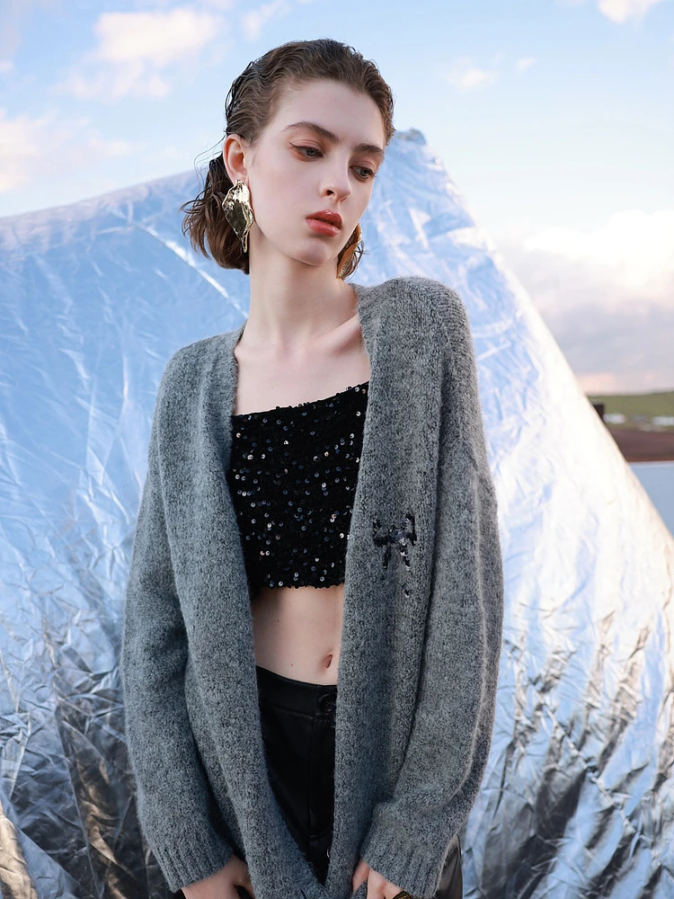 Tricolor Ibudu2024 Winter New Beaded Embroidery Bow Knit V-neck Sweater Cardigan Lazy Leisure