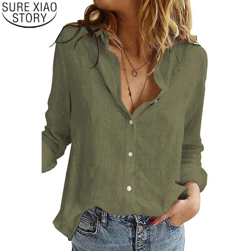 

Блузка женская из хлопка и льна, с длинным рукавом и отложным воротником