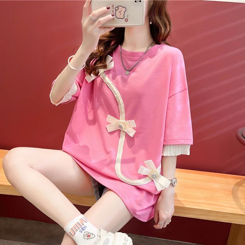 #0693 женская футболка в китайском стиле длинная свободная однотонная с круглым